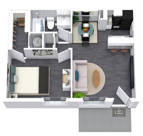 Floor plan for 1 bed, 1 bath, 602 sqft